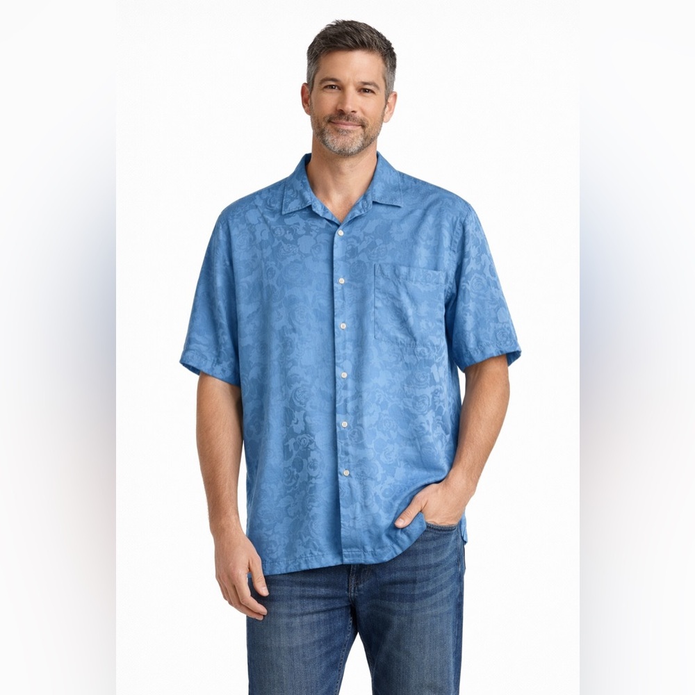 Blue Rose Pattern Short Sleeve Button Down Shirt Menswear‎ Dressy